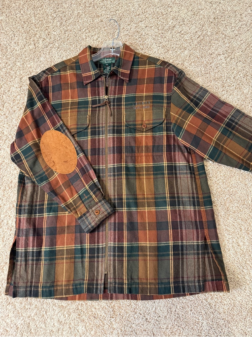 Ralph Lauren Plaid Zip-Front Lightweight Shirt Jacket in Brown, Green, Rust M